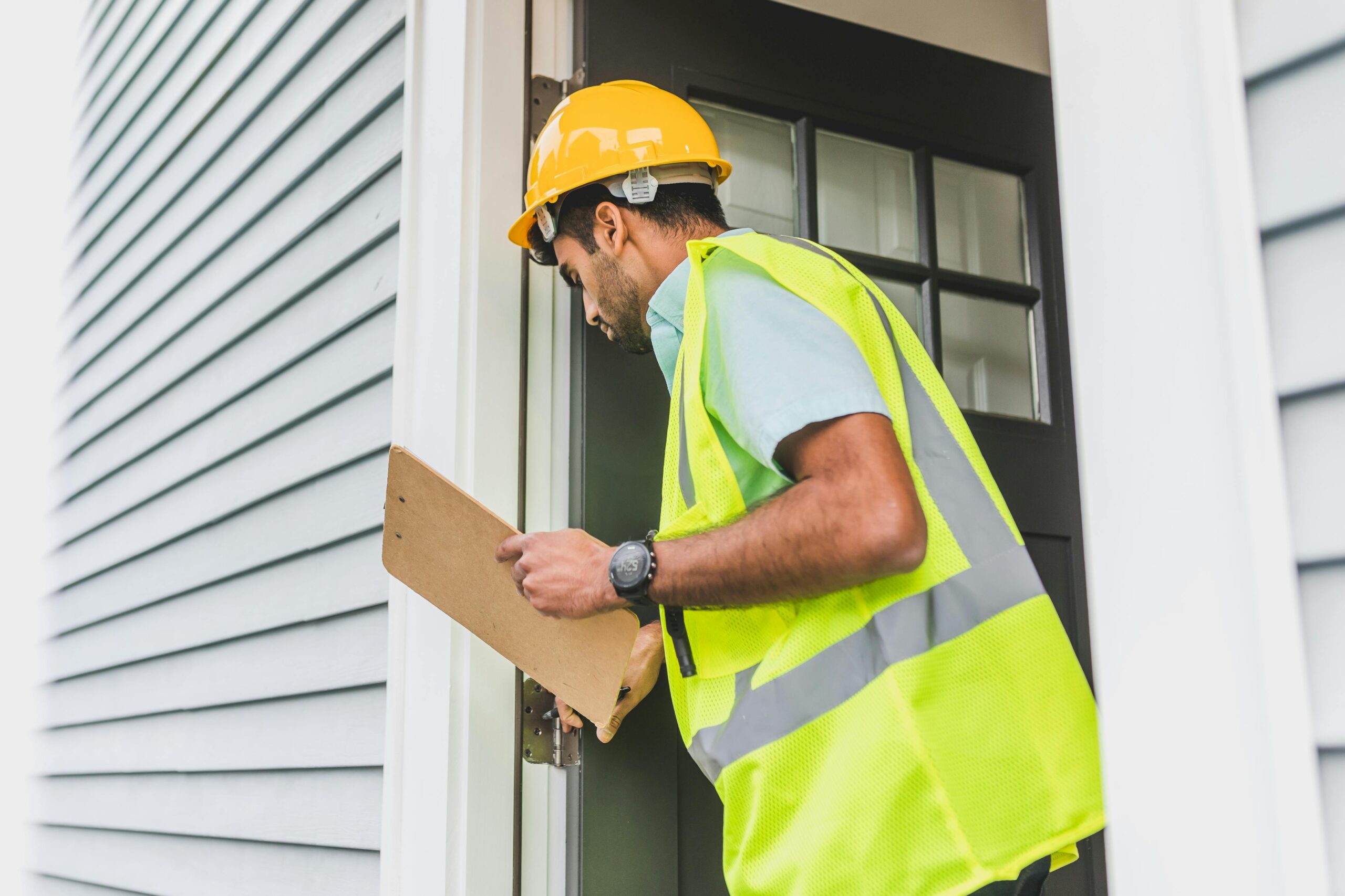 Home A male inspector in a hard hat conducts a property inspection outdoors with a clipboard.