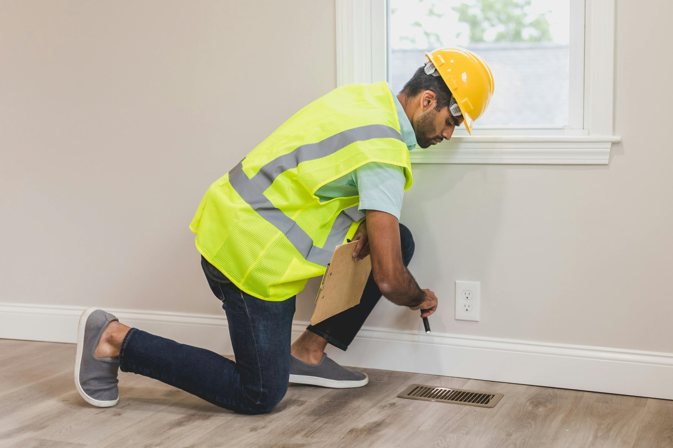 Home Construction worker conducting a home inspection indoors, using tools near a vent.